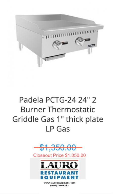 Padela PCTG-24 24" 2 Burner Thermostatic Griddle Gas 1" thick plate LP Gas