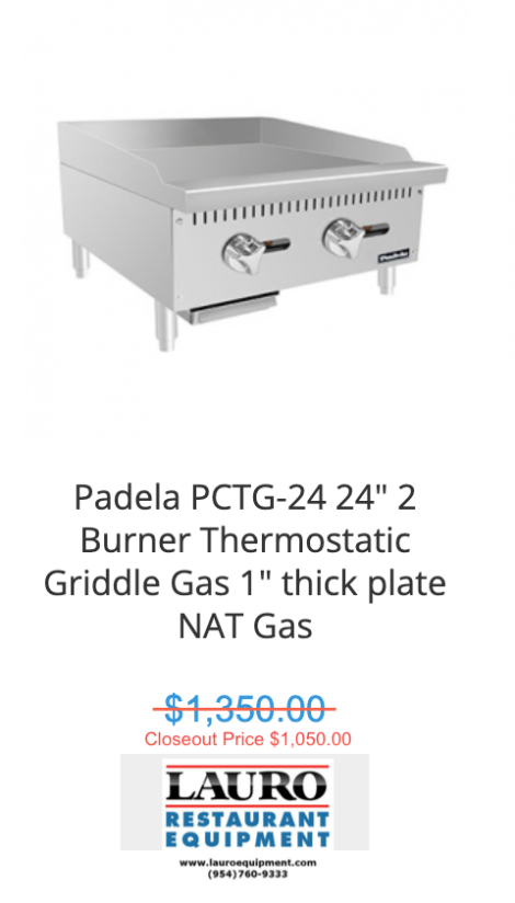 Padela PCTG-24 24" 2 Burner Thermostatic Griddle Gas 1" thick plate NAT Gas