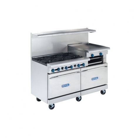Royal Range of California RR‐6RG24 60" Gas 6 Burner Restaurant Range, 24" Raised Griddle/Broiler w/(2) Standard Ovens