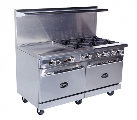 Royal Range of California RR-6G24 60" Gas 6 Burner Restaurant Range, 24" Griddle w/(2) Standard Ovens 