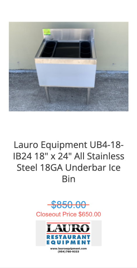 Lauro Equipment UB4-18-IB24 18" x 24" All Stainless Steel 18GA Underbar Ice Bin