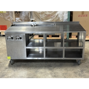 Atlas Metal 78"W x 37"D x 36"H All Stainless Steel Enclosed Cabinet Double Undershelf Work Table w/2comp. Electric Drop-In Food Warmer w/2.25" Rear Backsplash on Casters