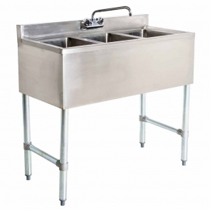 US Stainless USBAR3B38 39" 3comp. Stainless Steel Bar Sink w/Faucet